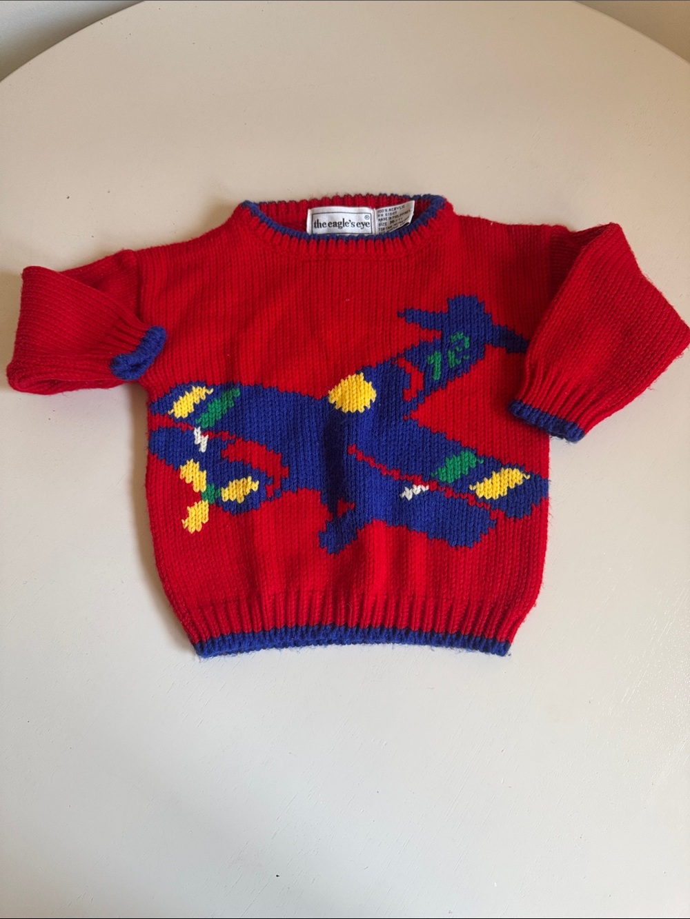 Vintage 90s Red Kids Sweater with Airplane Motif 3T